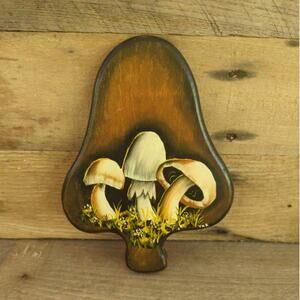 Vintage 70s Handmade Wooden Hand Painted Mushroom Wall Hanging